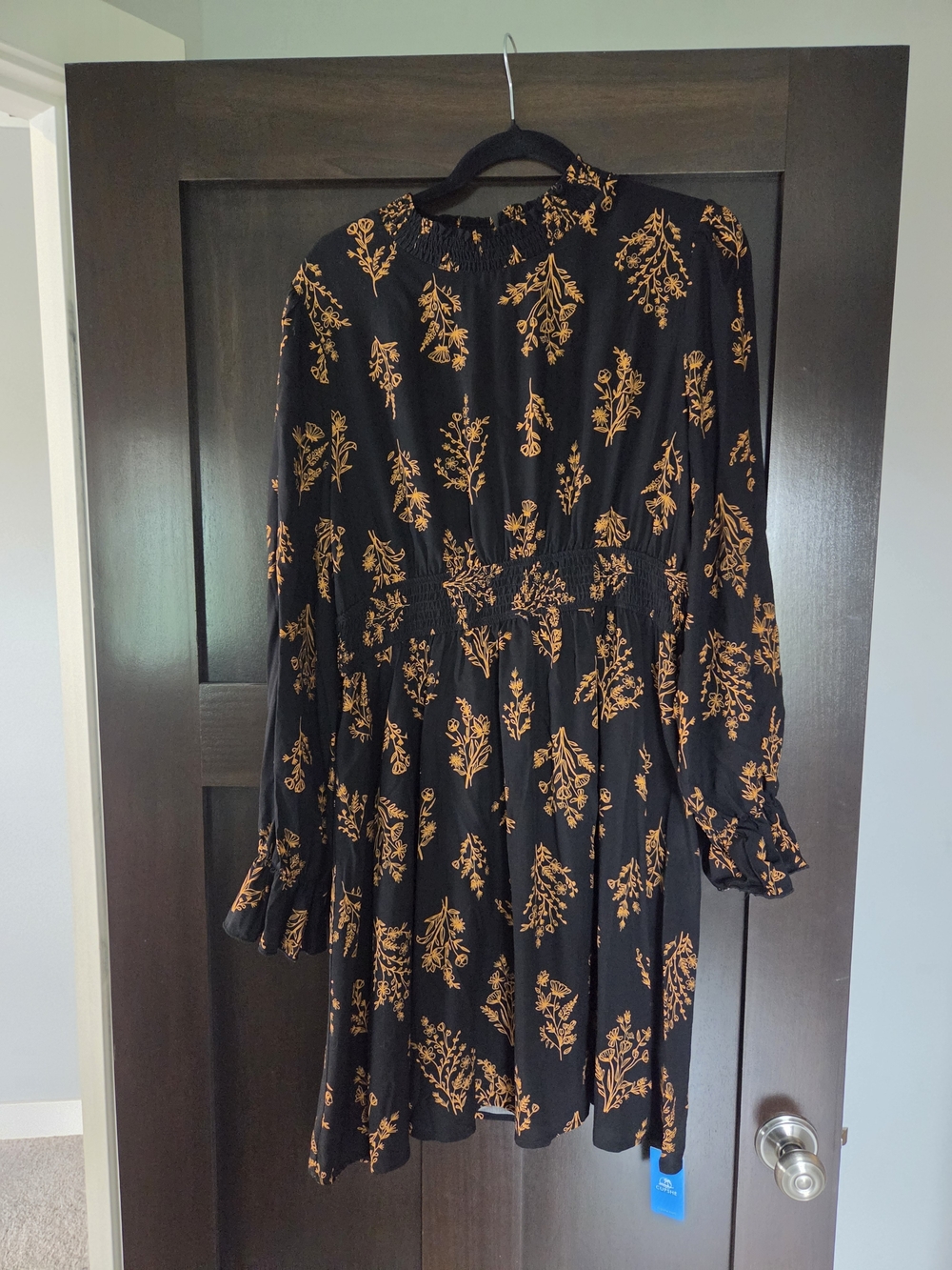Cupshe Black Long Sleeve Floral Smocked-Waist Dress with Orange Print